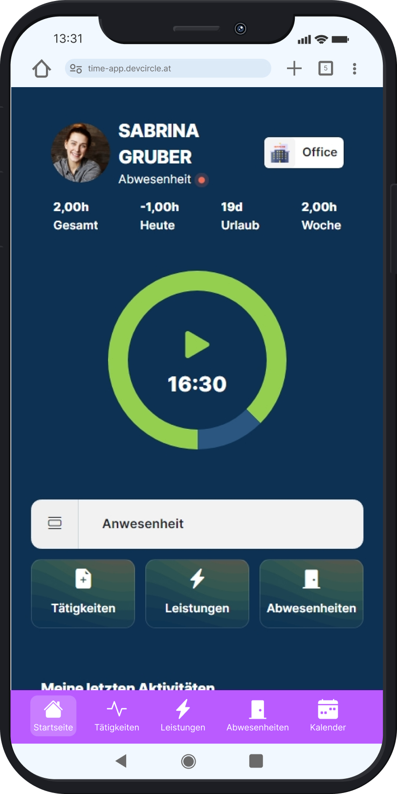 TimeTracker im mobilen Browser auf dem Smartphone