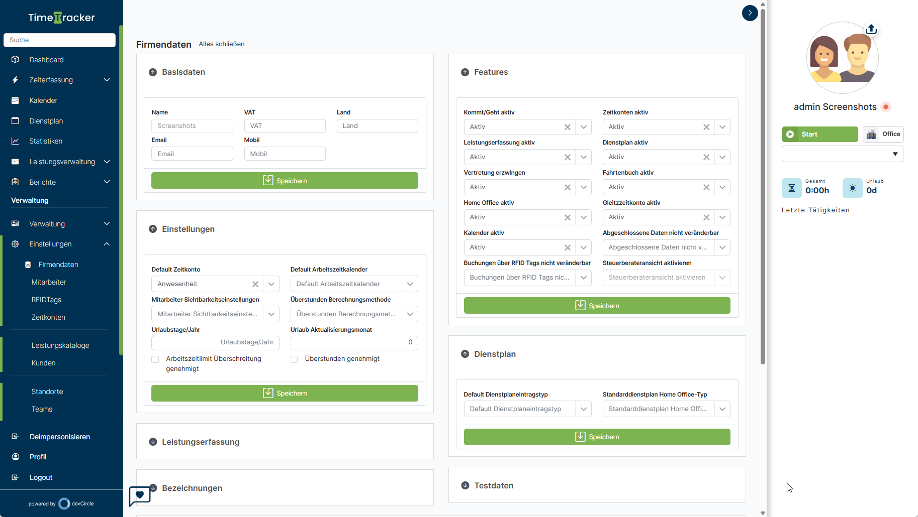 TimeTracker – Firmendaten & Module