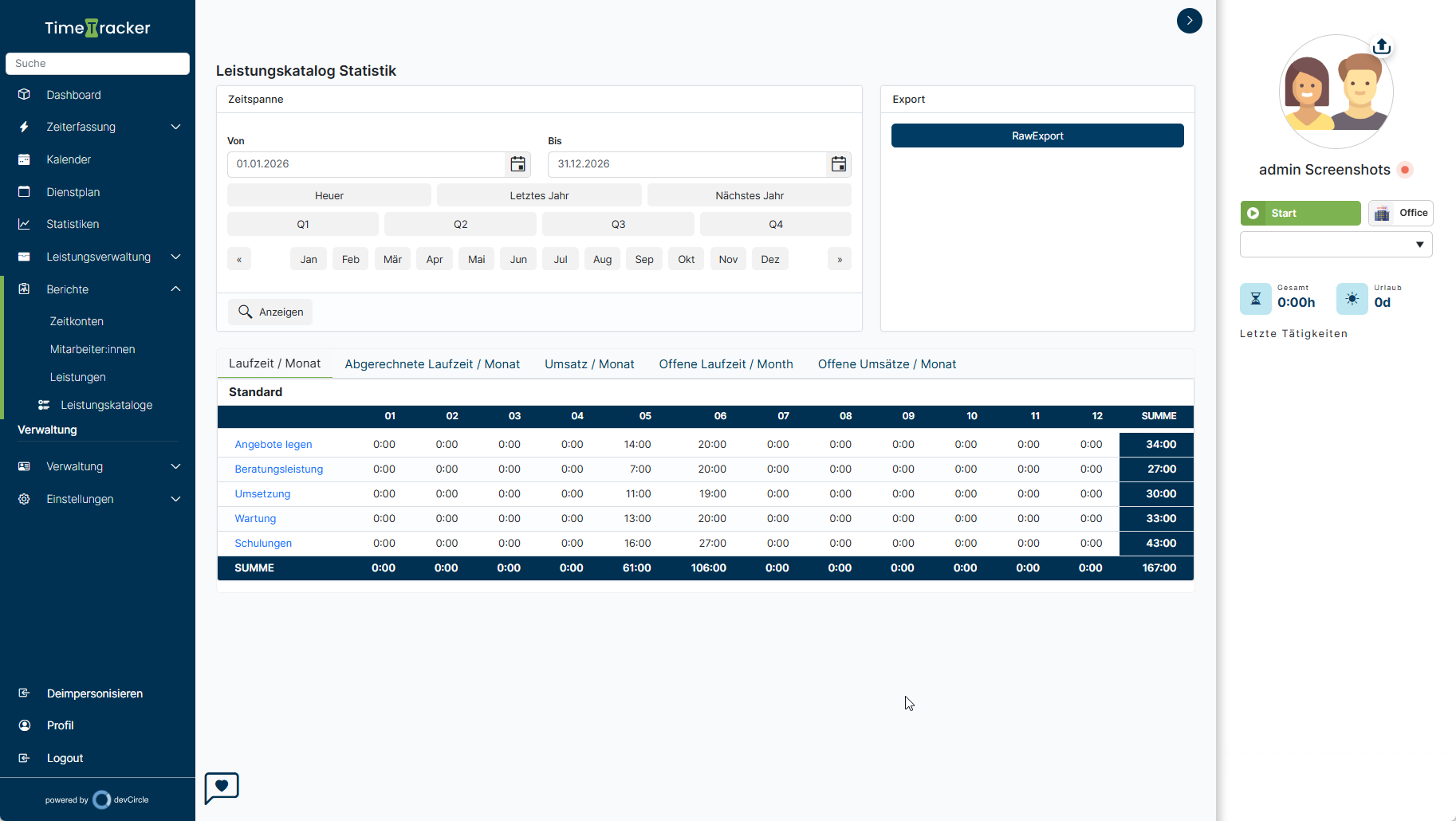 TimeTracker – Leistungs-Statistik