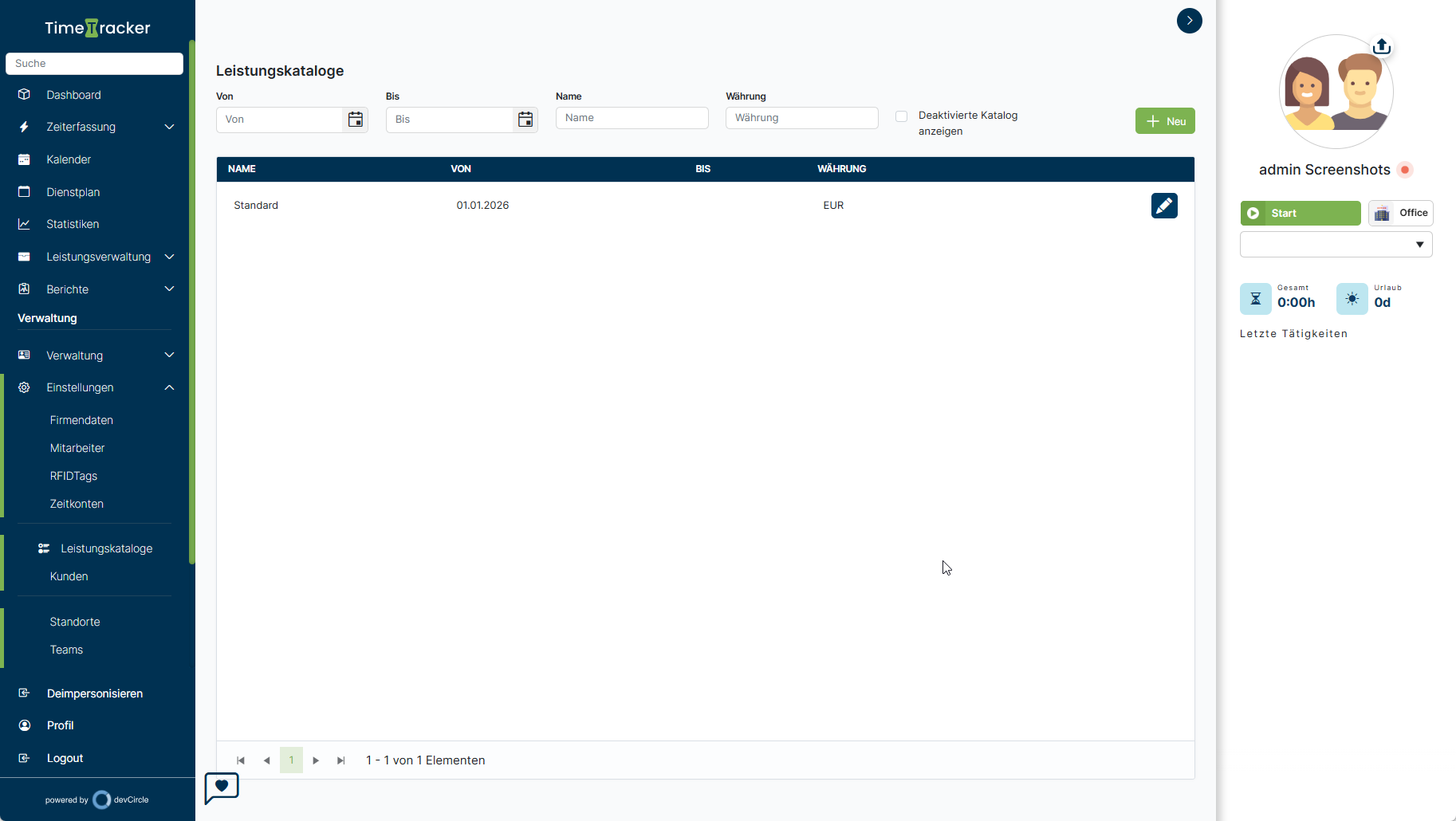 TimeTracker – Leistungskataloge