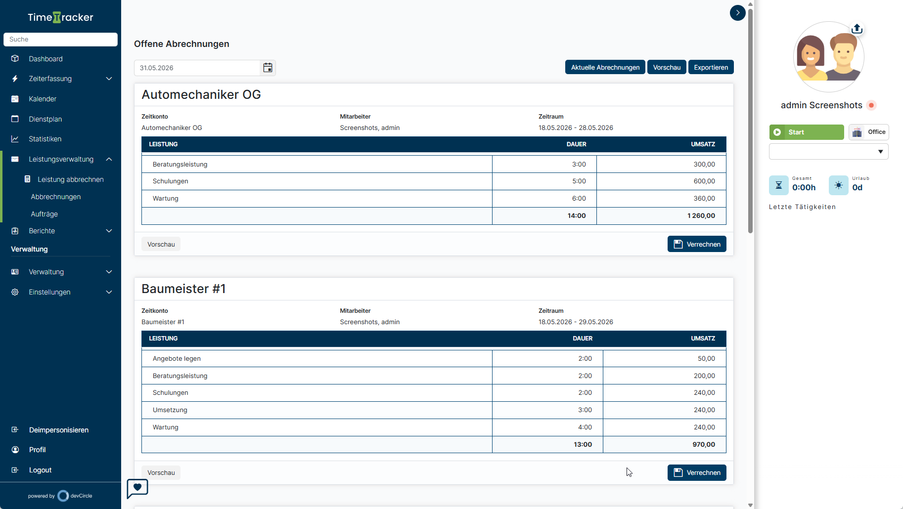 TimeTracker – Offene Abrechnungen