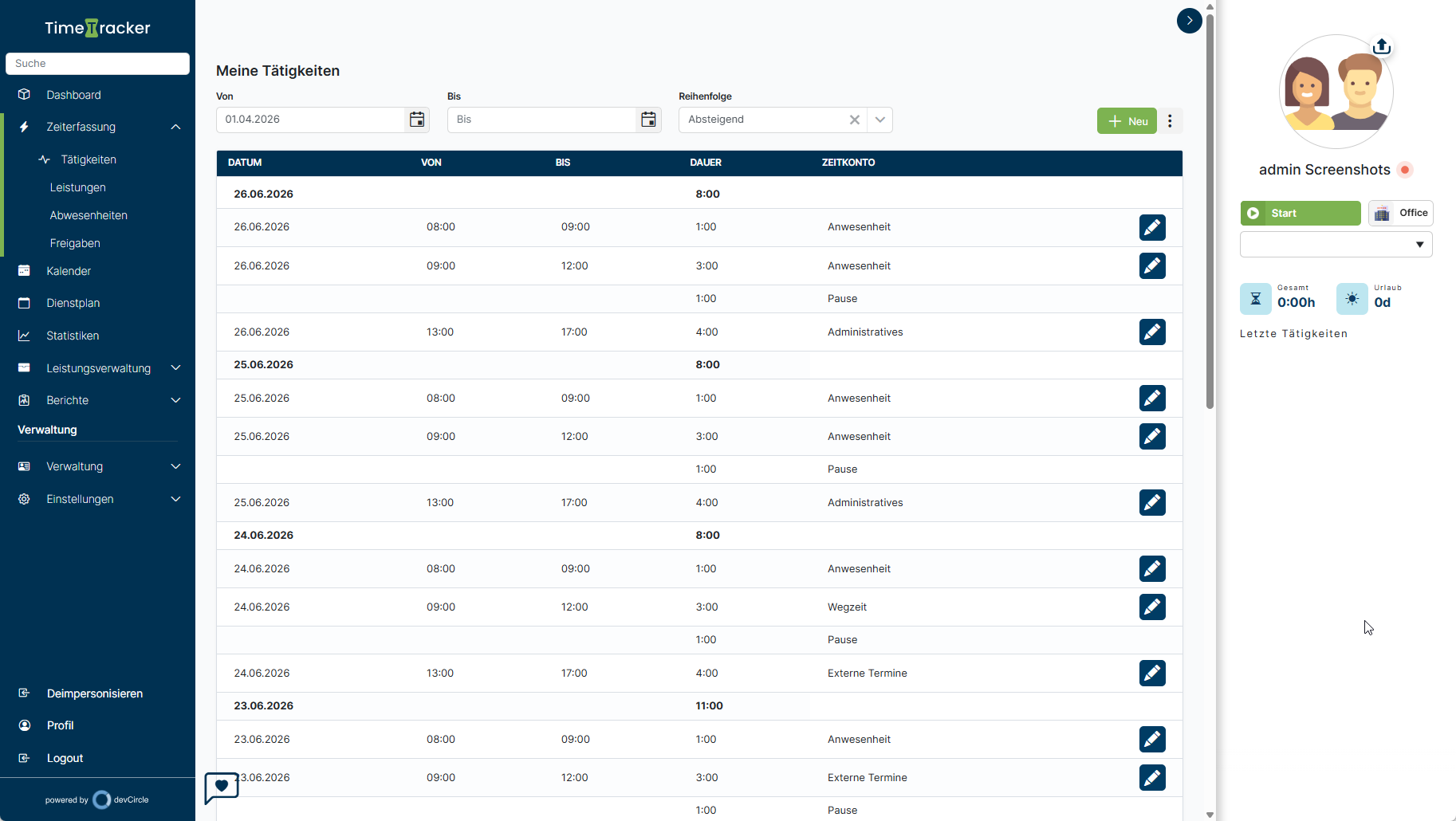 TimeTracker – Meine Tätigkeiten
