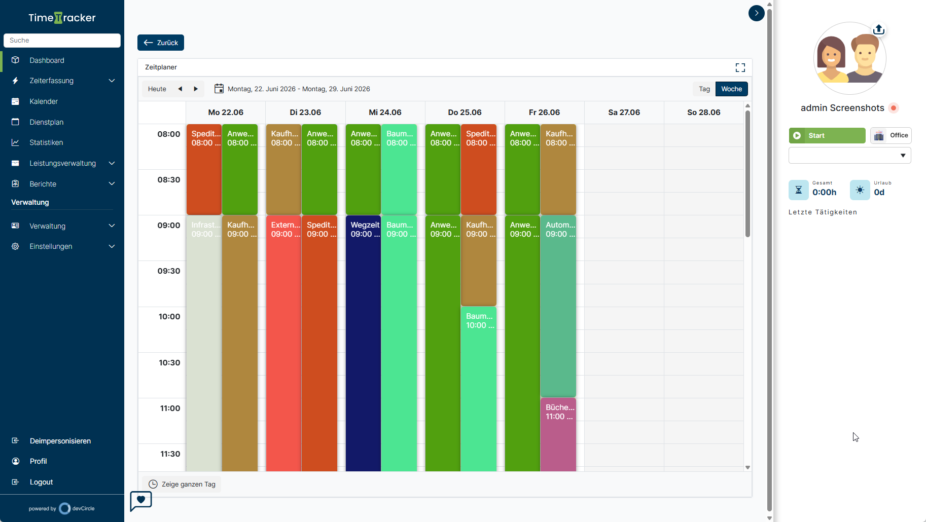 TimeTracker – Wochenansicht des Zeitplaners mit farblich erfassten Arbeitszeiten